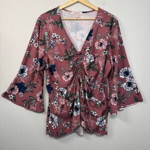 Harlow & Rose Women's 2X Top Pink Floral Bell Sleeves Cinched Front Babydoll